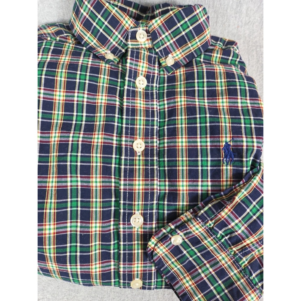 Polo Ralph Lauren Boys 8 Oxford Shirt Blue Green Plaid Natural Stretch Pony Logo